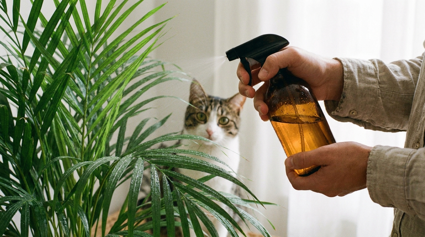 アレカヤシに葉水をする飼い主の手元と、遠くから見ている猫