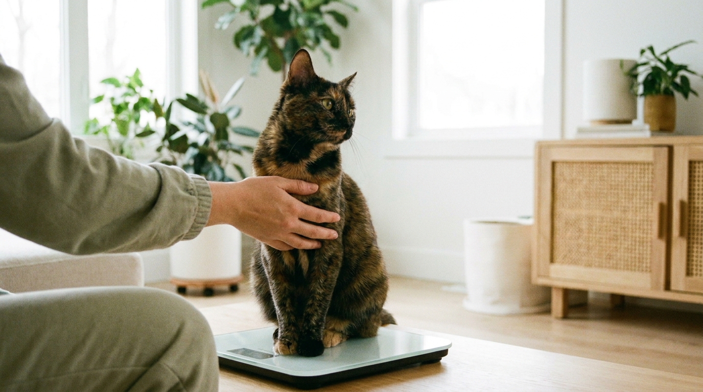 体重計に乗る猫と飼い主の手