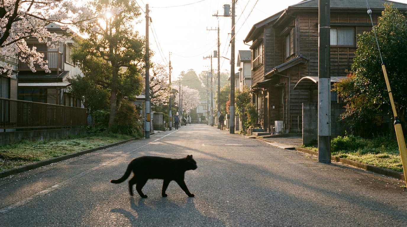 黒猫が横切るスピリチュアルな意味を表す、道を横切る黒猫のイメージ