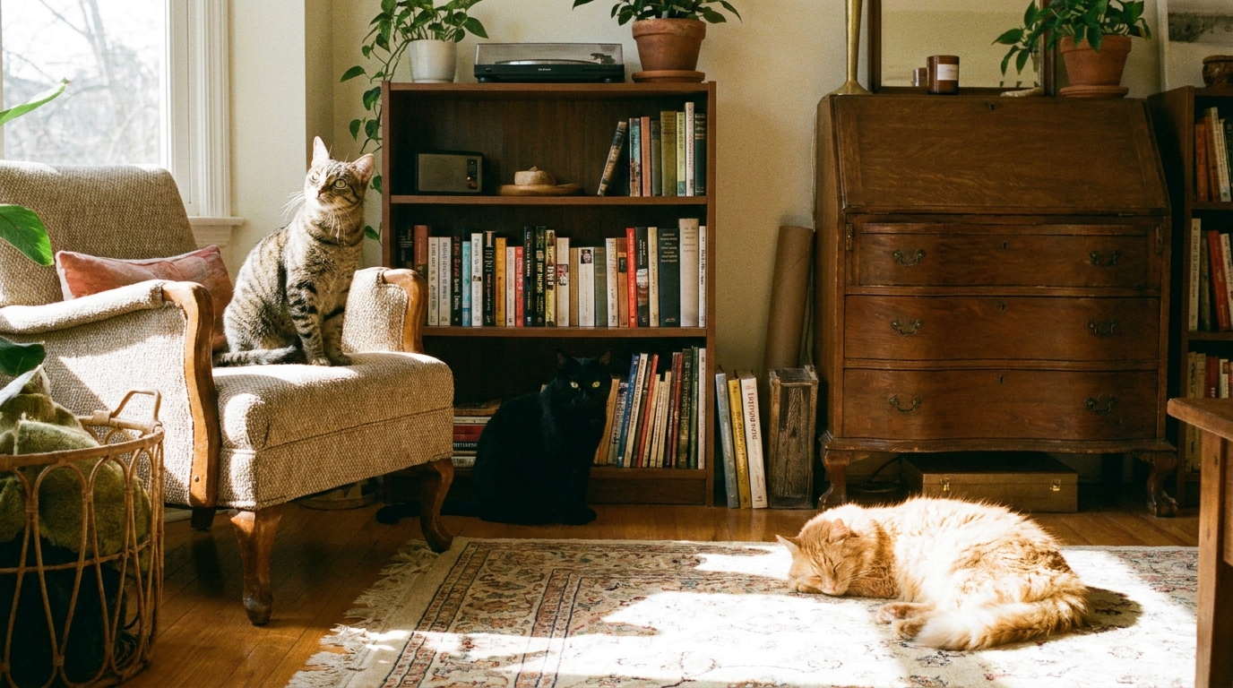 同じ部屋で音に対してそれぞれ異なる反応を見せる複数の猫