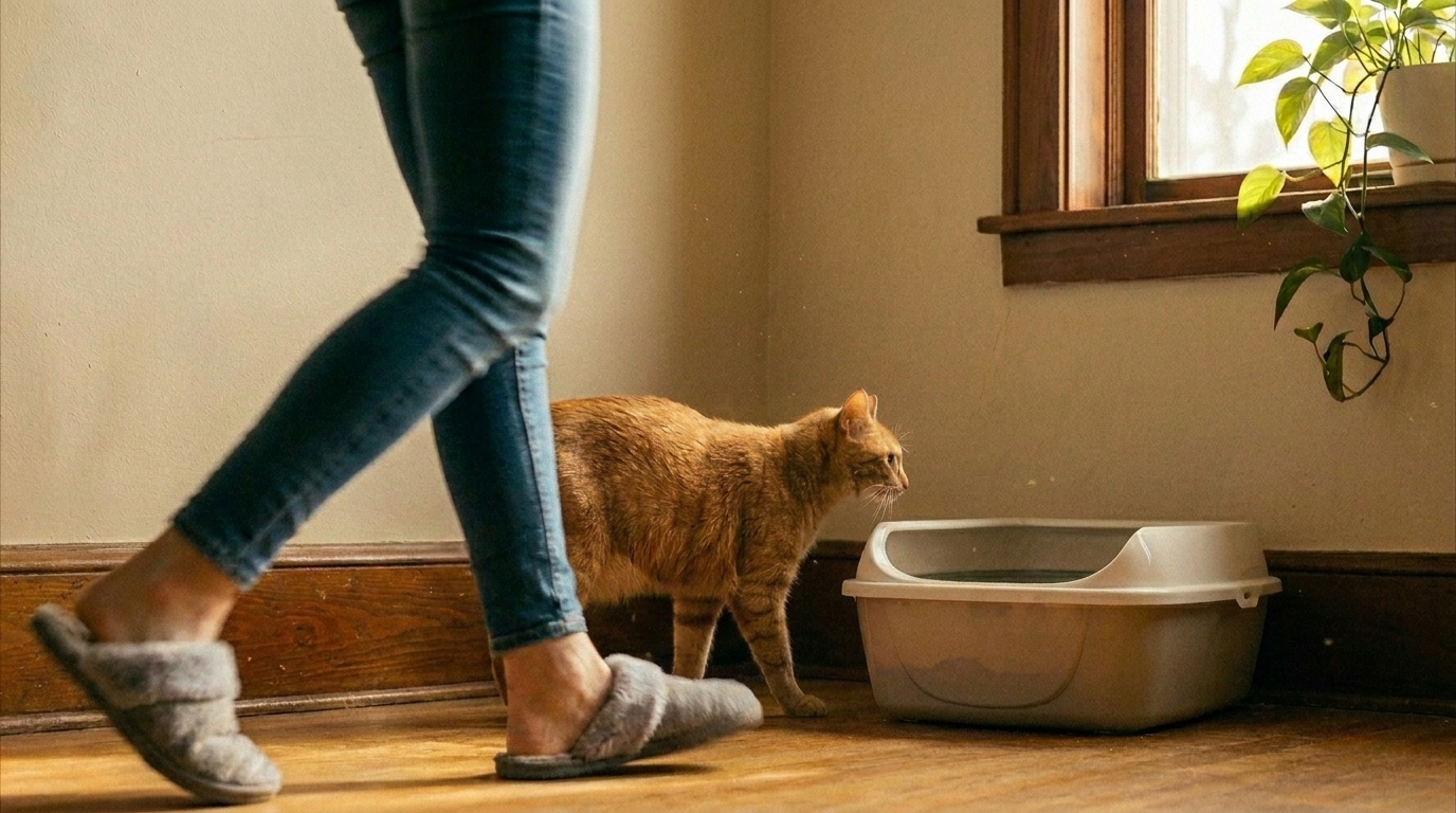 静かな部屋で猫が安心してトイレに向かう様子を飼い主が見守る写真