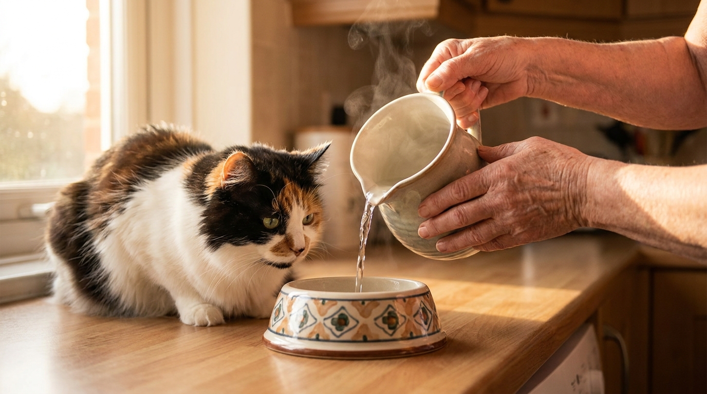 フードにぬるま湯を注ぐ飼い主の手元と見守る猫