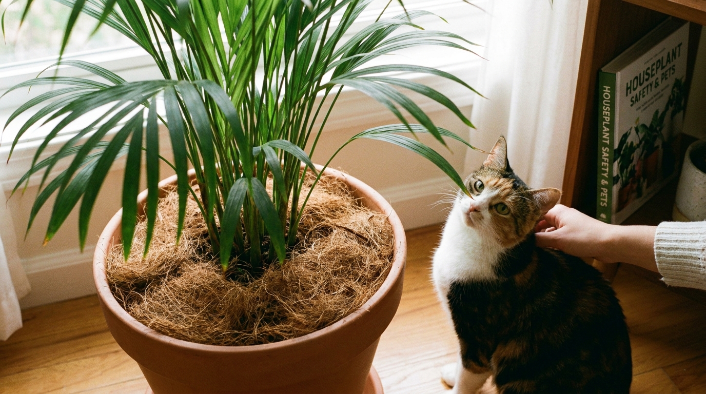 土をココヤシファイバーでカバーしたアレカヤシの鉢と、横に座る猫