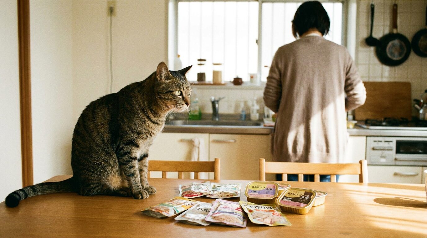 数種類の小分けフードと興味深そうに見上げる猫