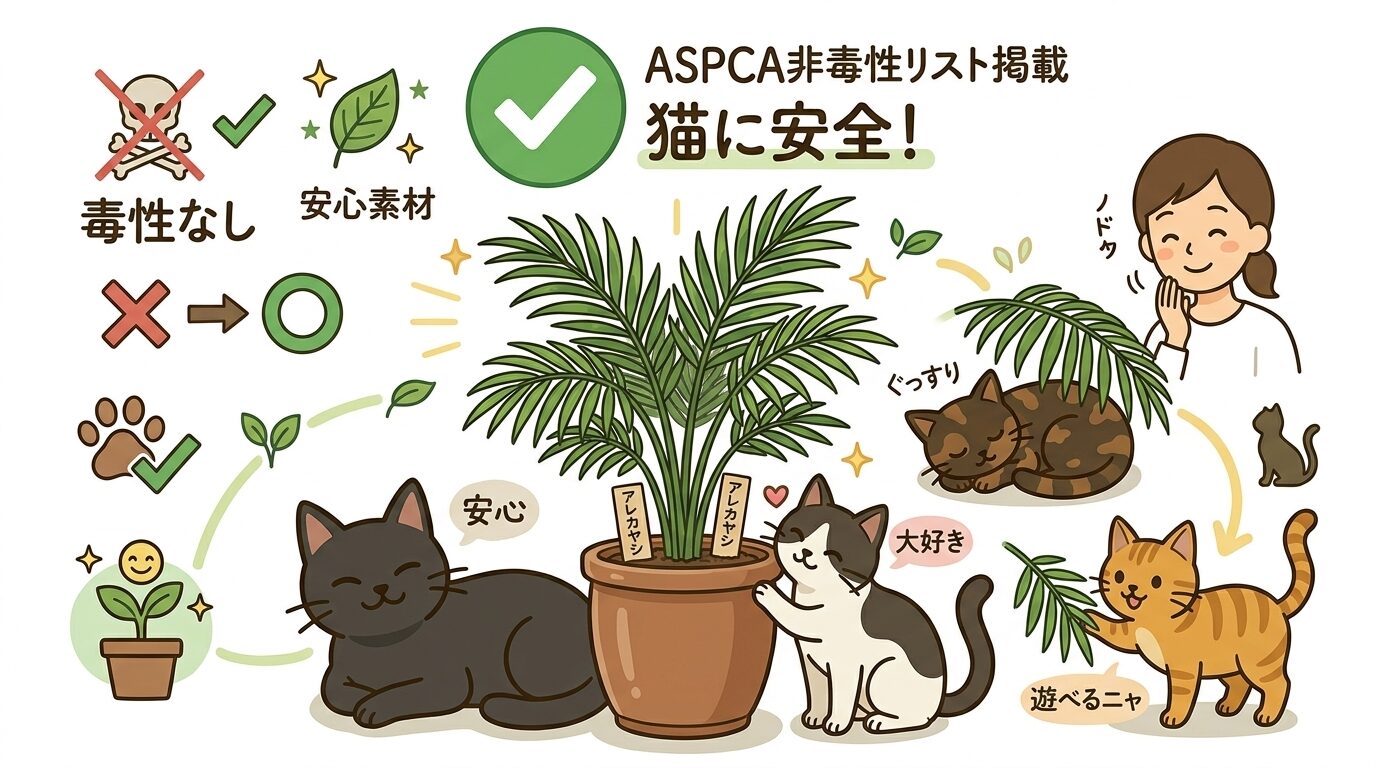 ASPCAの非毒性リストとアレカヤシの安全性を示すイラスト