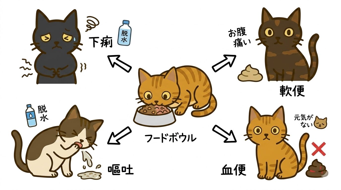 フード切り替えで起きやすい消化器系トラブルのイラスト