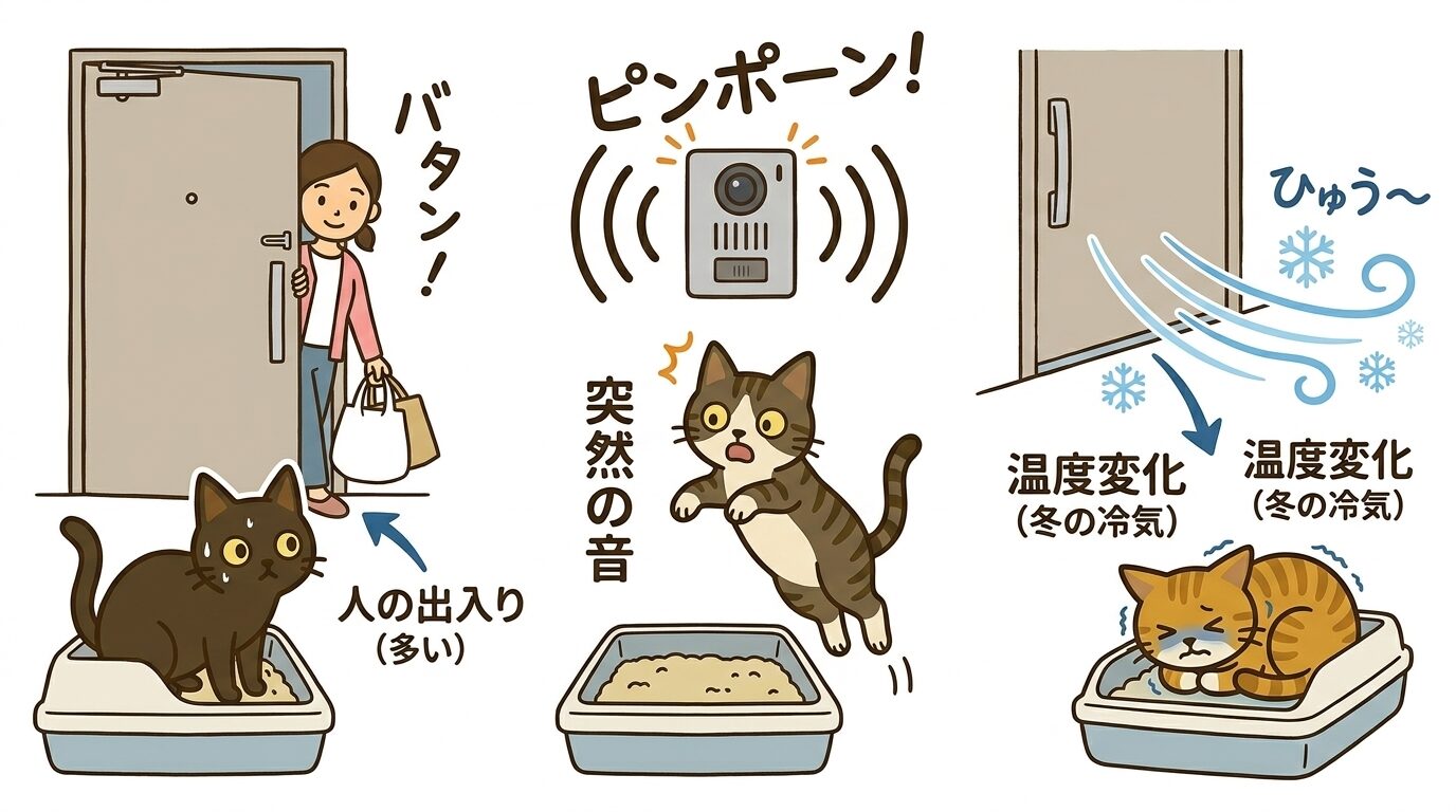 猫が玄関のトイレを嫌がる3つの理由(人の出入り・音・温度変化)をグラフィックレコードで解説したイラスト