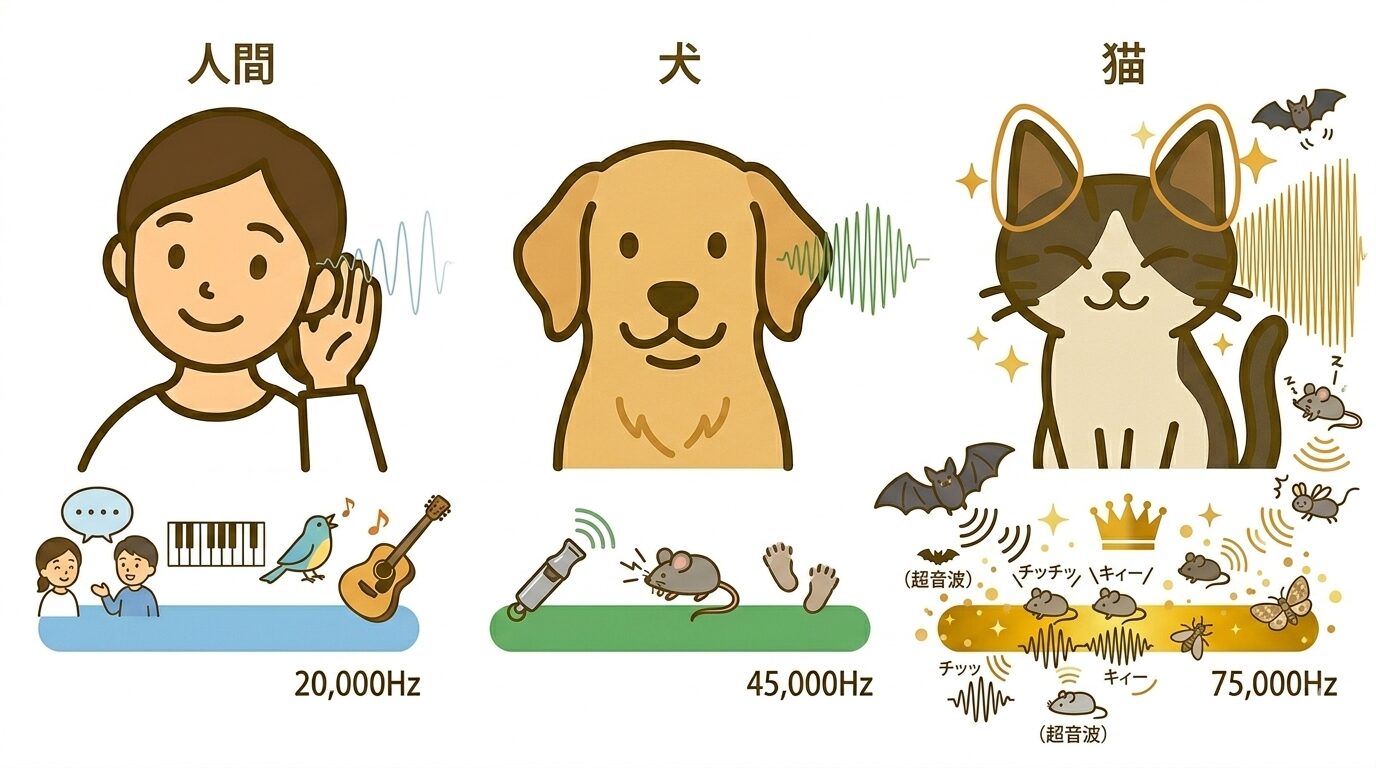 人間・犬・猫の可聴域を比較した図解。猫は75,000Hzまで聞き取れる
