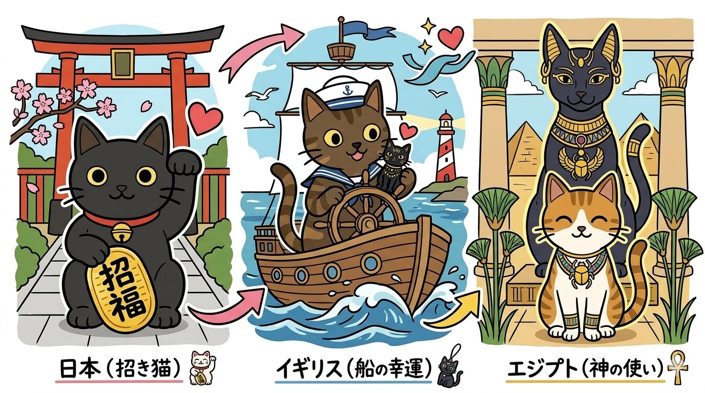 日本・イギリス・エジプトで黒猫が幸運の象徴とされてきた歴史の図解