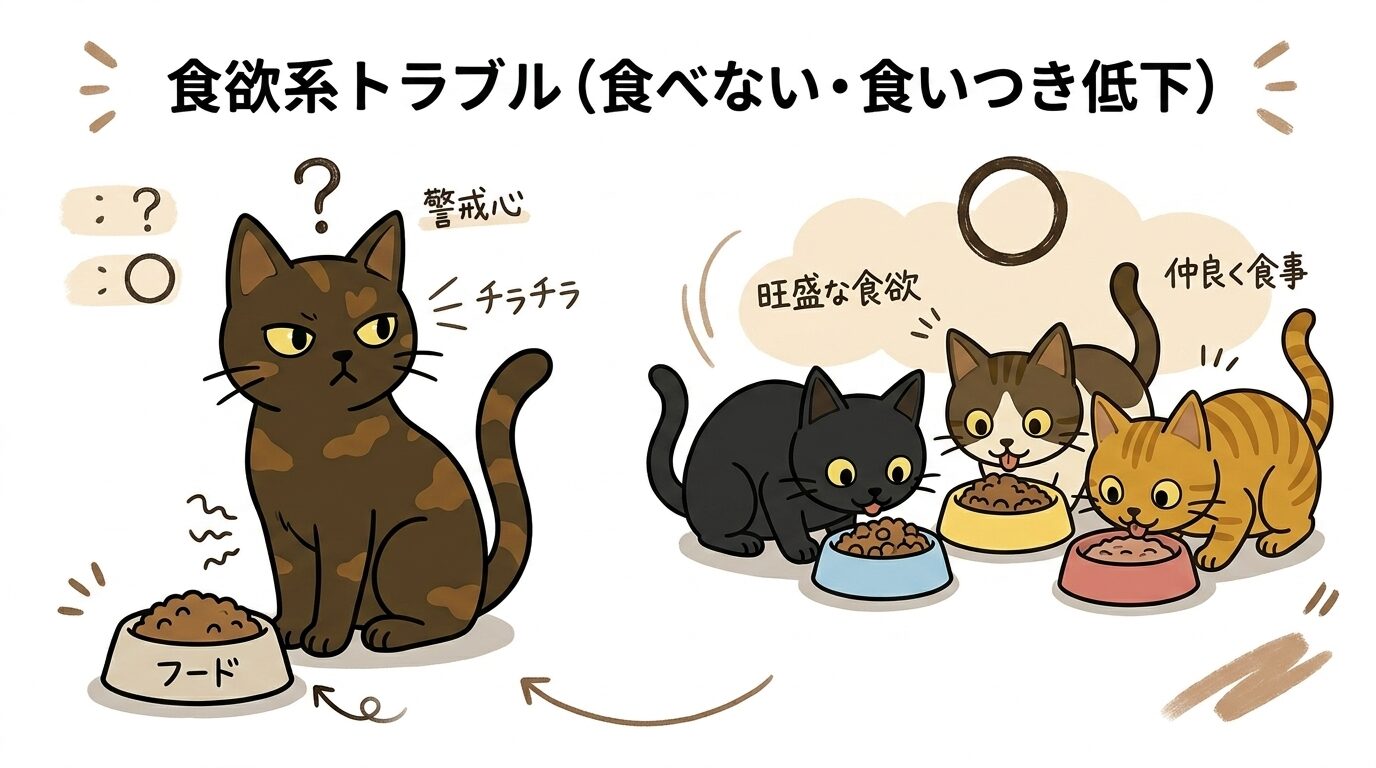 新しいフードを警戒する猫と他の猫の食べる様子を見ている猫のイラスト