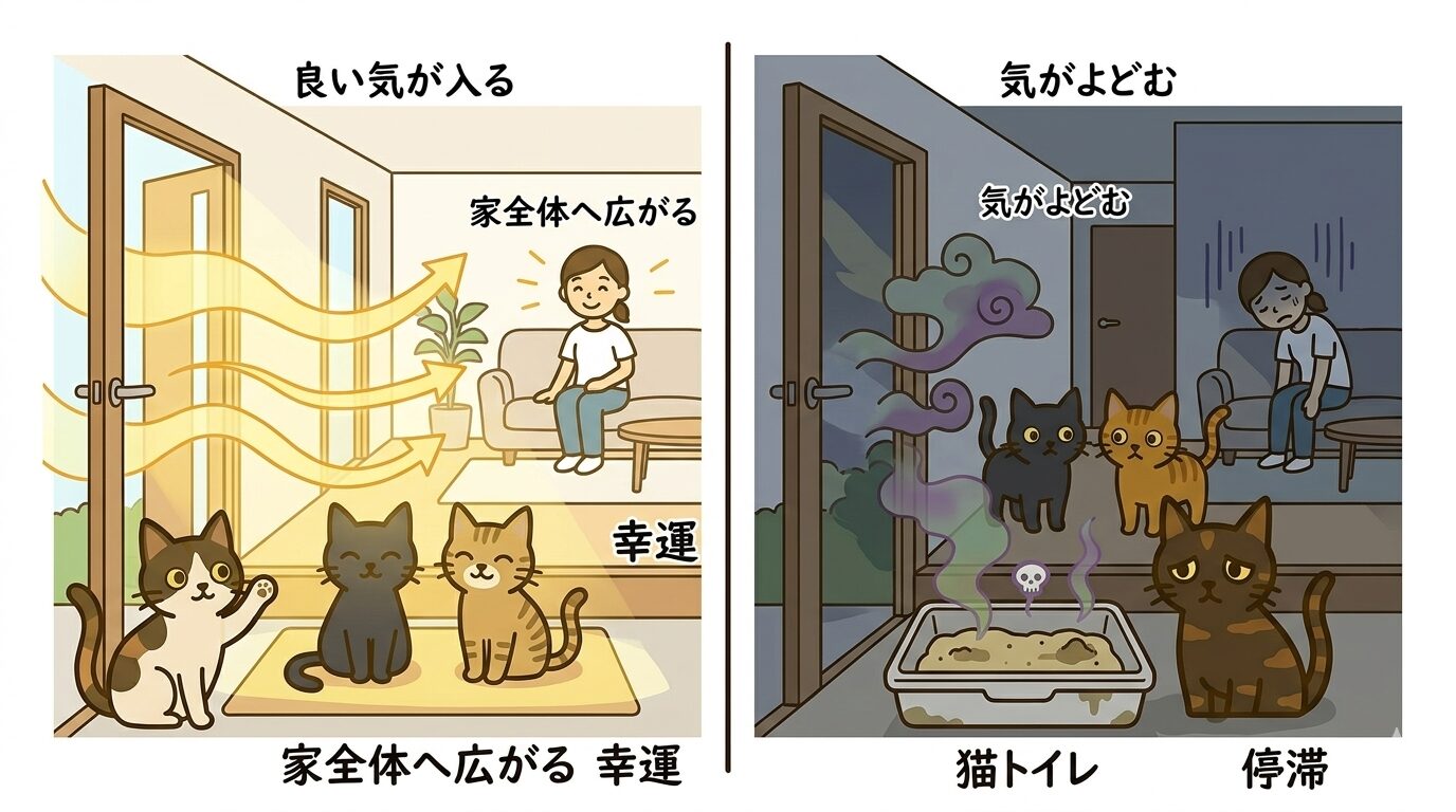 風水で玄関が気の入口として重要な理由と猫トイレが気の流れに与える影響をグラフィックレコードで解説したイラスト