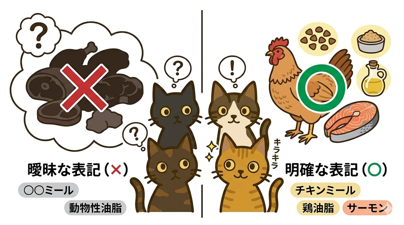 キャットフードの曖昧な原材料表記と明確な表記の違い