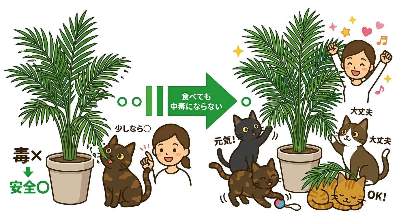 アレカヤシをかじっても猫が元気でいられることを示すイラスト