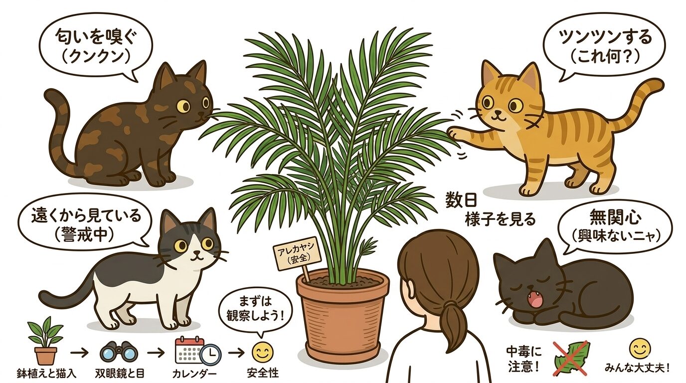 新しい植物に対する猫たちの反応を観察する様子のイラスト
