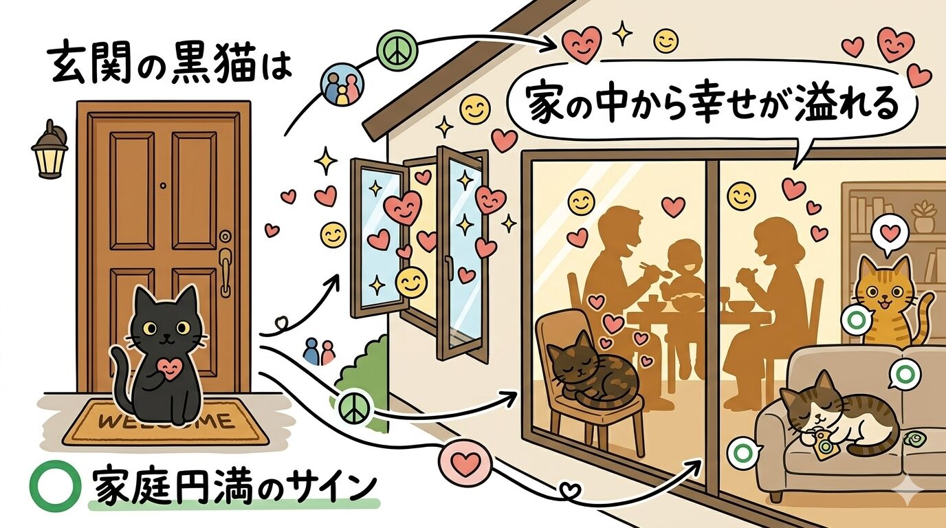 玄関に黒猫がいることが家庭円満のスピリチュアルサインであることの図解