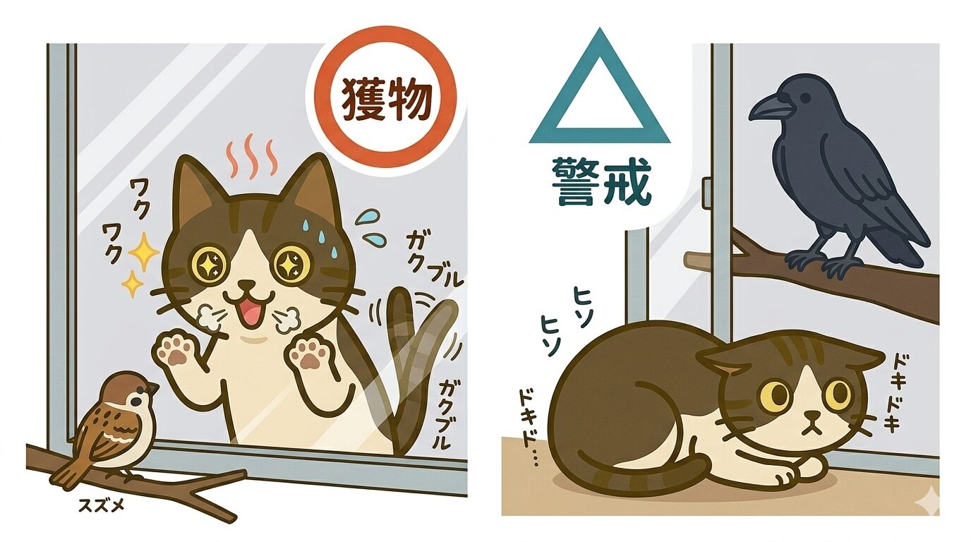 小鳥の声に狩猟モードで大興奮する猫と、大きい鳥に身を潜めて警戒する猫の対比図解