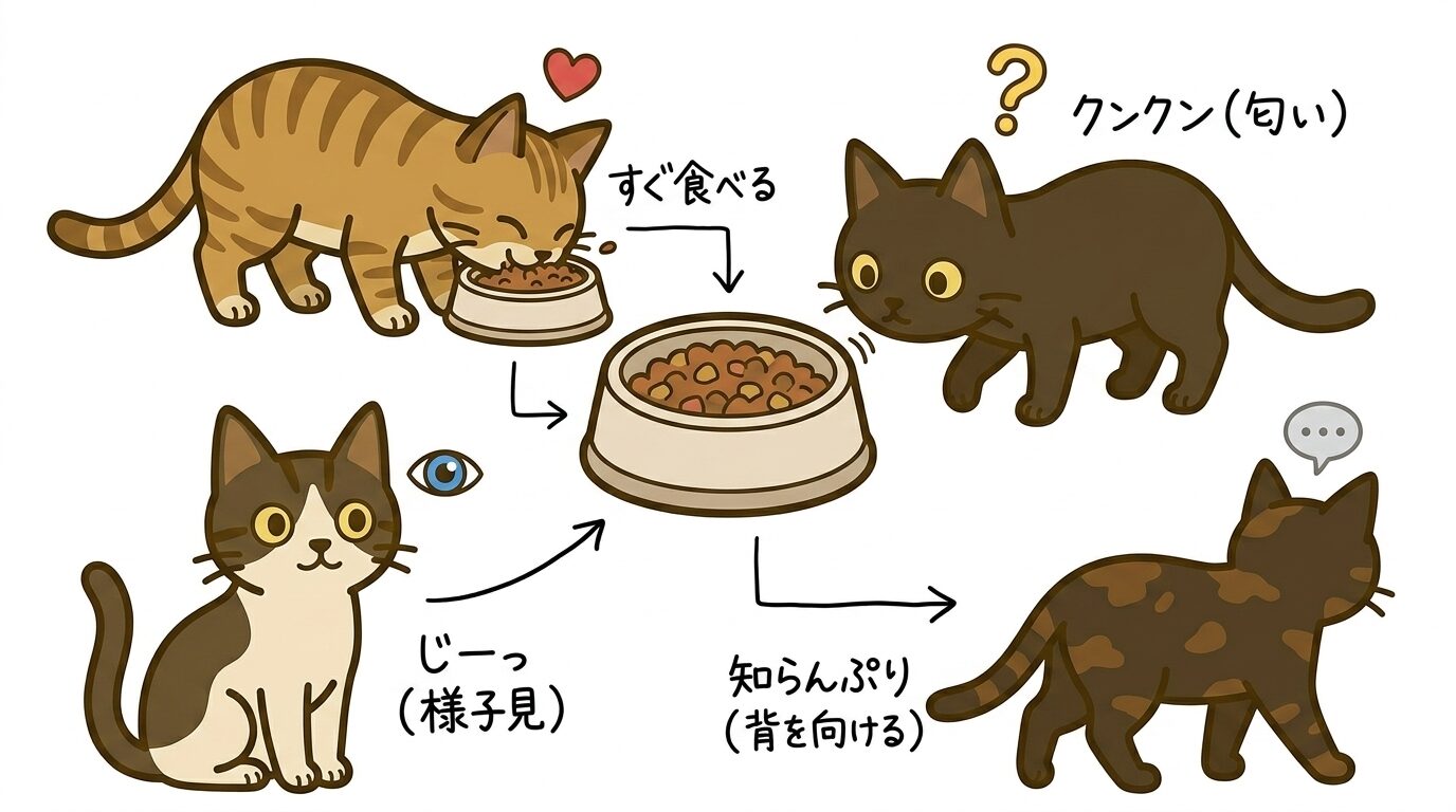新しいフードへの猫たちの反応パターン