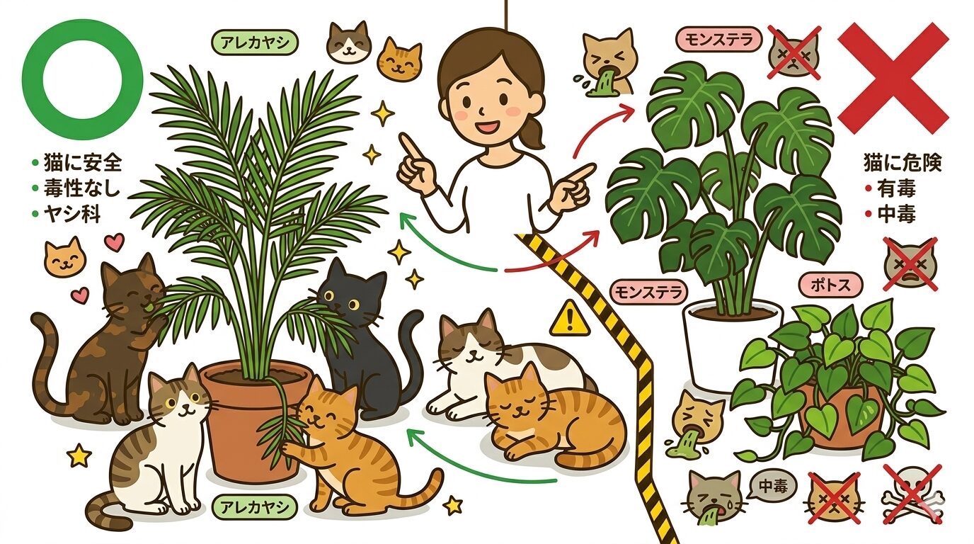 ヤシ科の安全性と危険な植物との対比を示すイラスト
