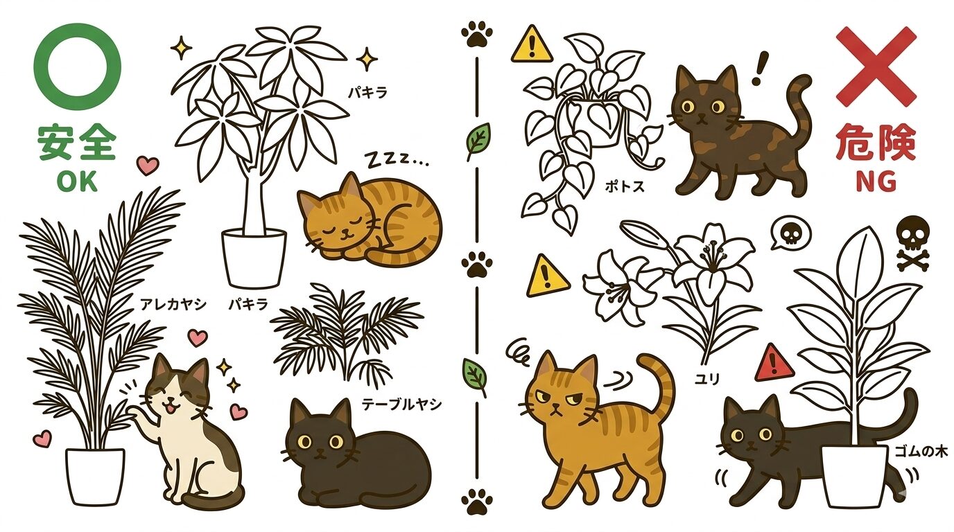 猫に安全な植物と危険な植物の比較イラスト