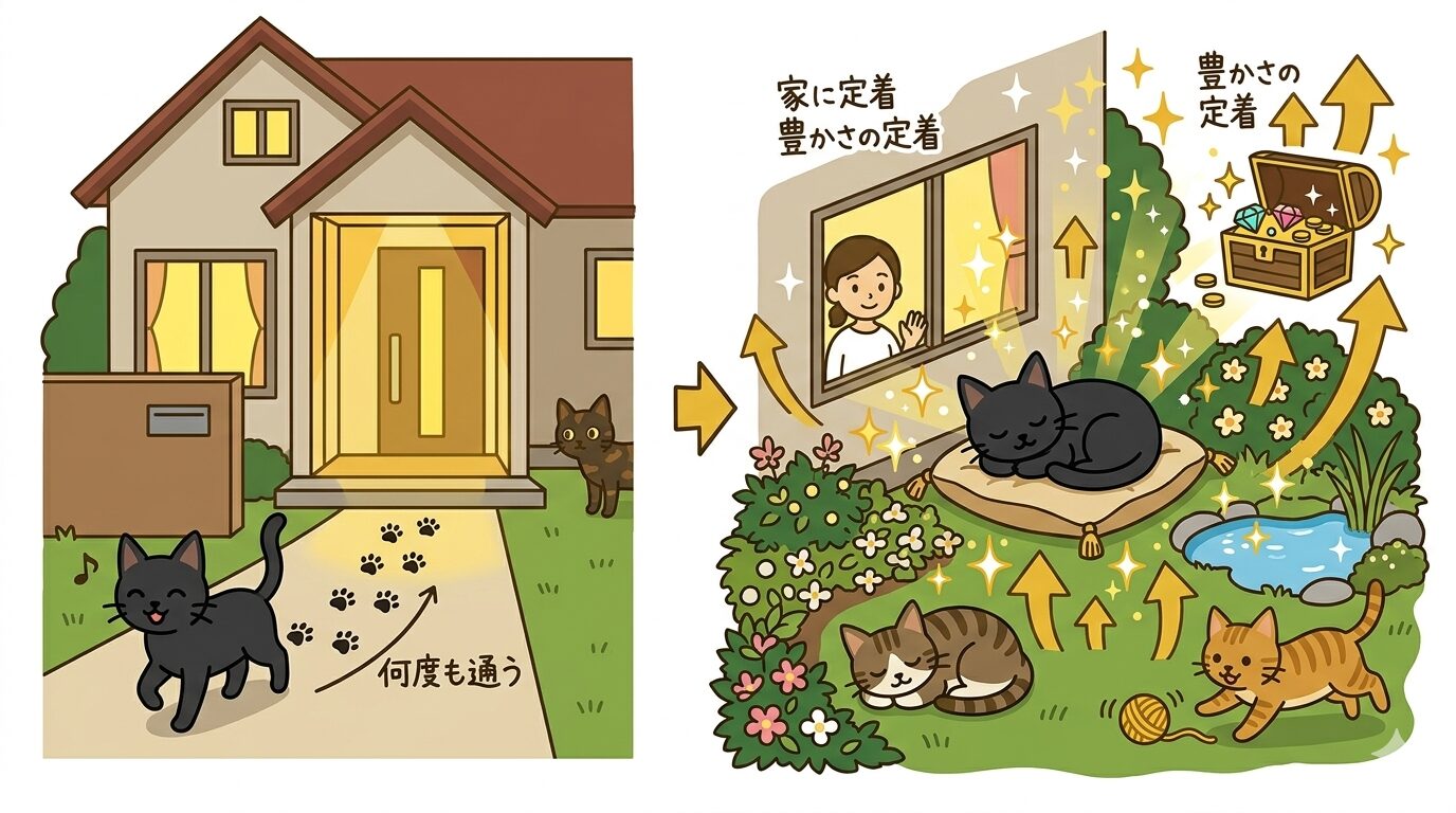 黒猫が家に住み着く・通ってくることが豊かさのサインであることの図解