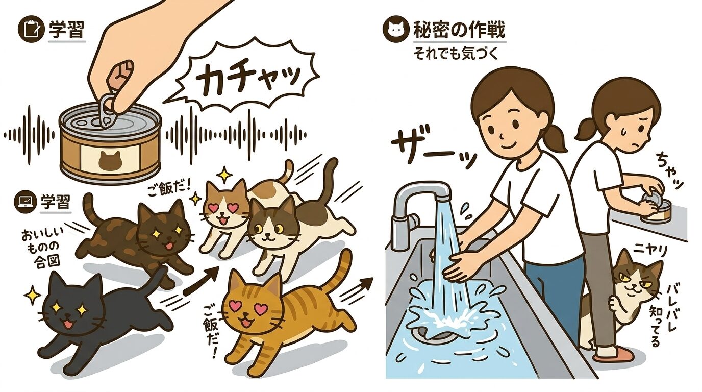 缶詰を開ける音に全員集合する猫たちと、音をかき消そうとする飼い主の図解