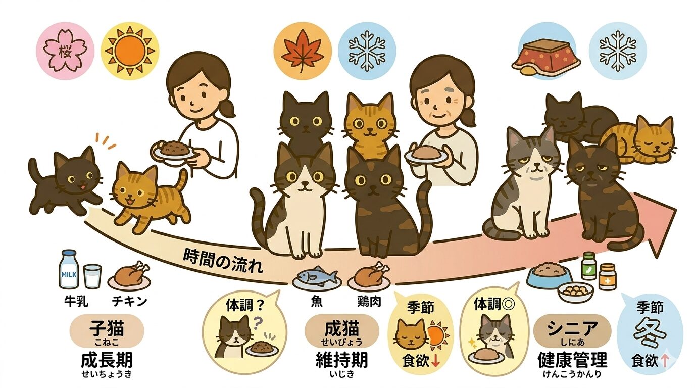 猫のフードの好みは年齢や季節で変化する