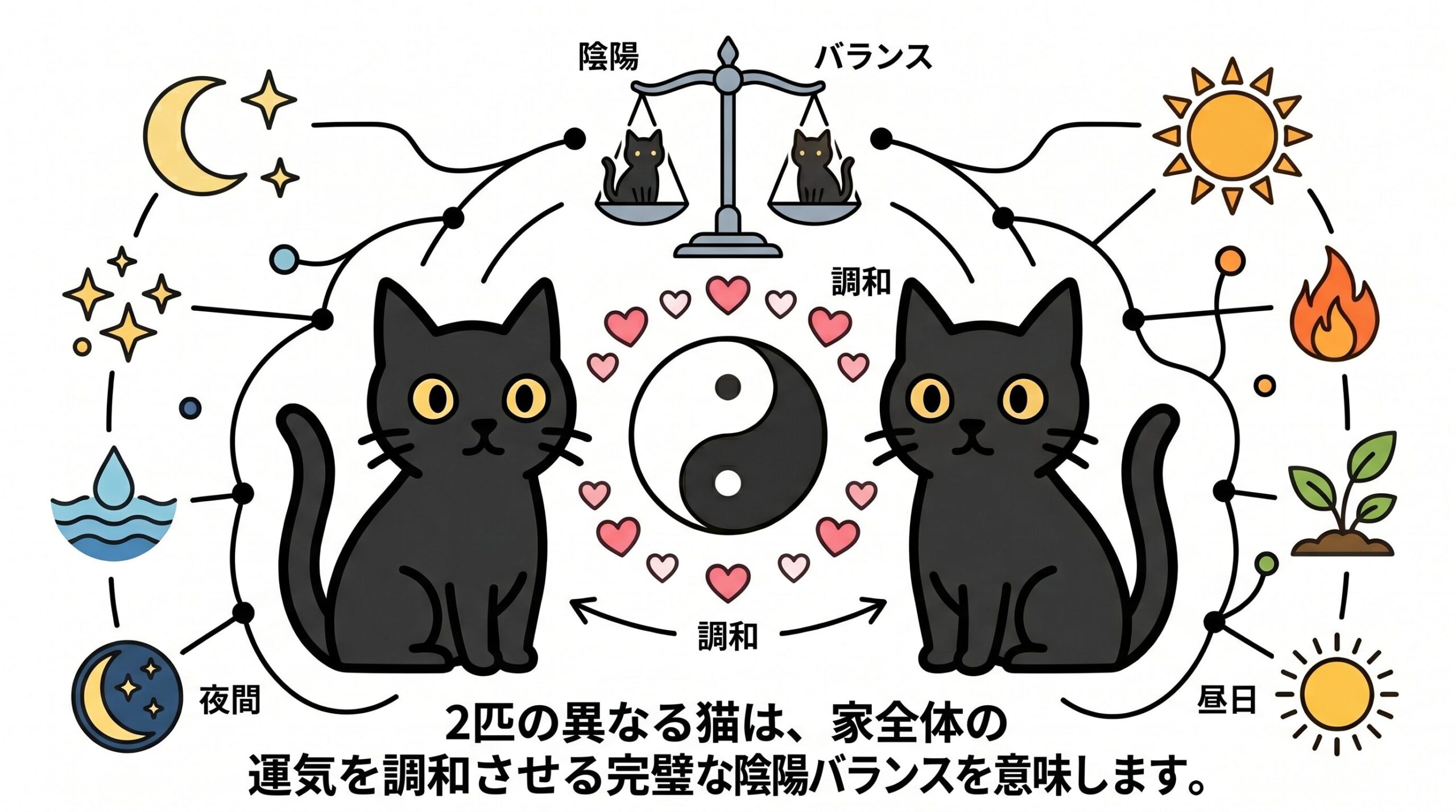 黒猫が2匹いることが陰陽バランスの調和のサインであることの図解