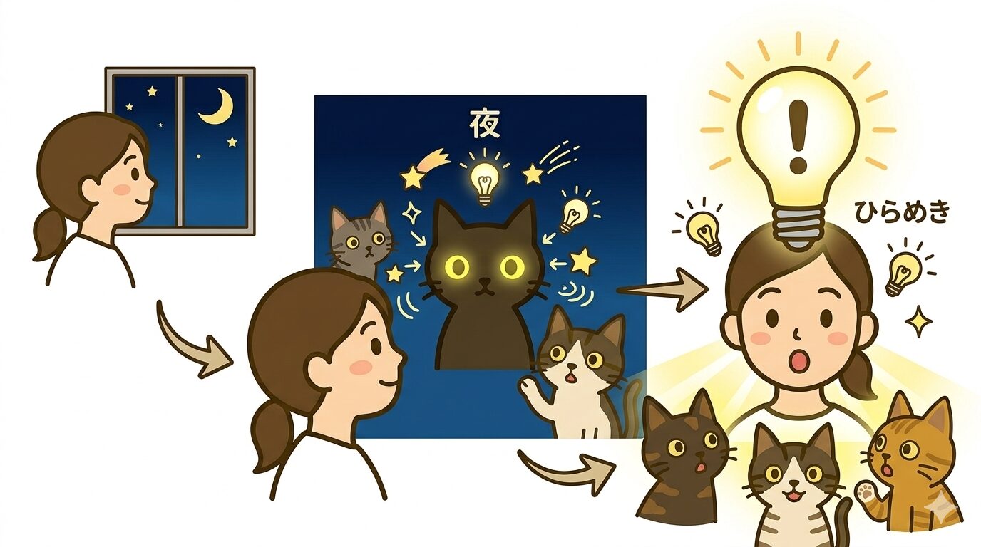 夜に黒猫を見ることが直感の高まりを示すスピリチュアルサインの図解