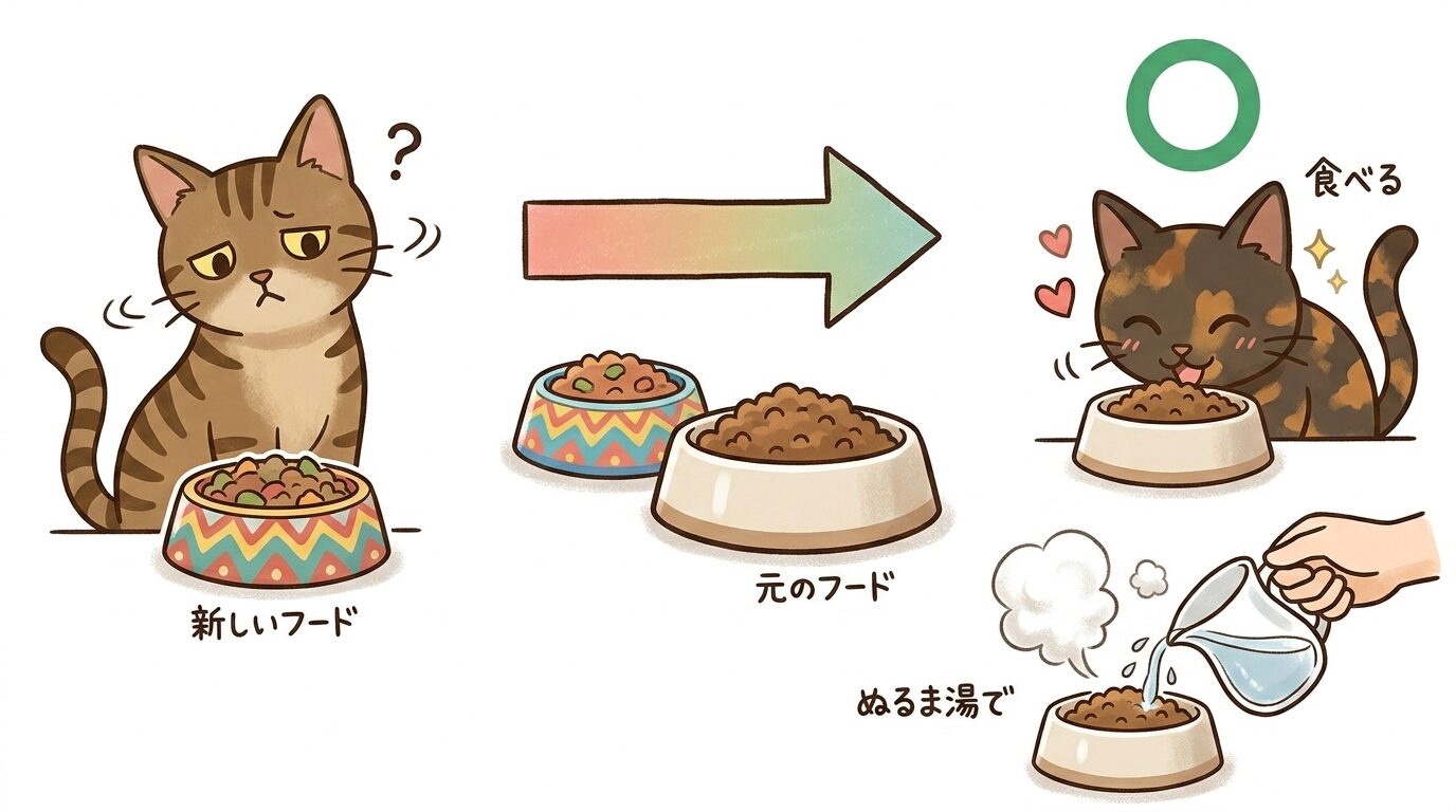 食べないときの元フードへの戻し方とぬるま湯の工夫を示すイラスト