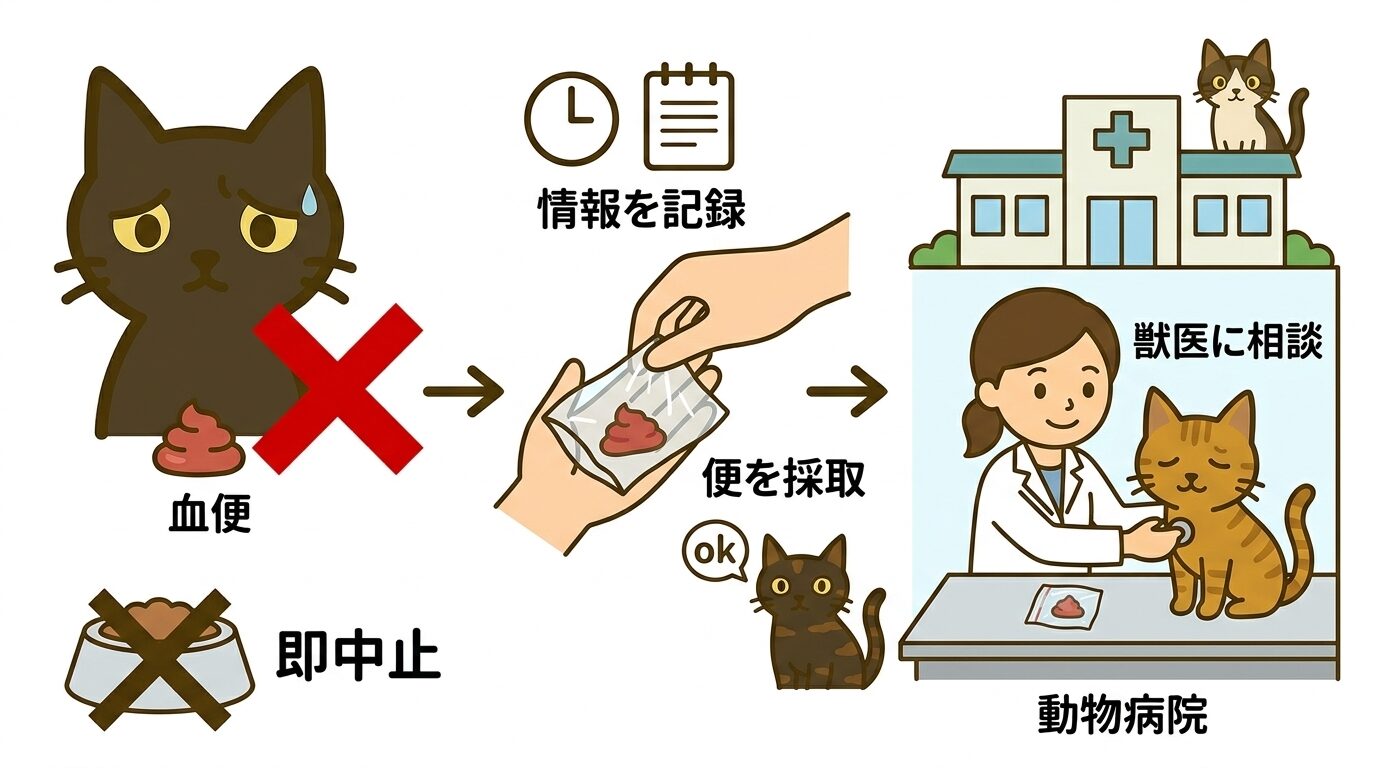血便時の即中止と受診手順を示すイラスト
