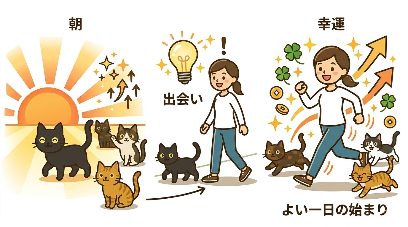 朝に黒猫を見ることが新しい1日の幸運の知らせであることの図解