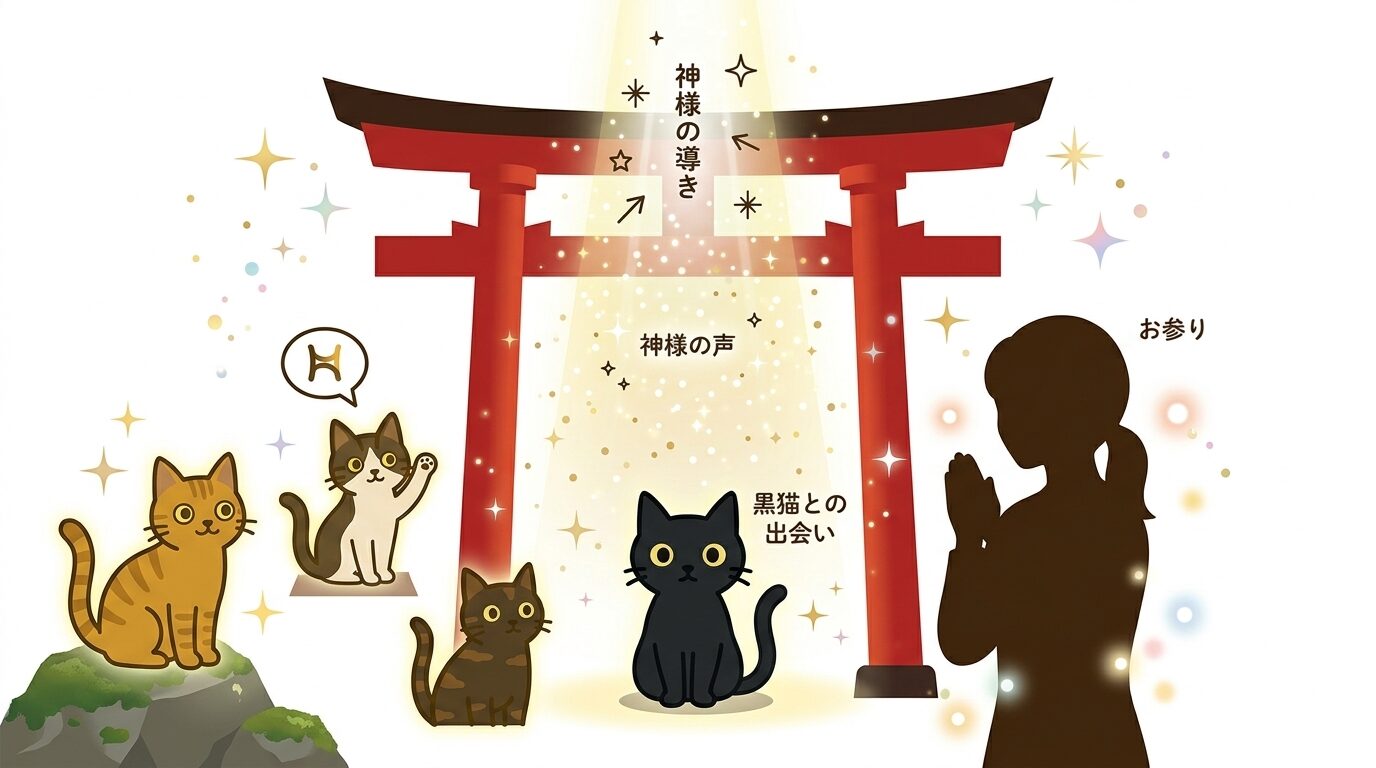 神社やお寺で黒猫を見ることが神様からの導きであることの図解
