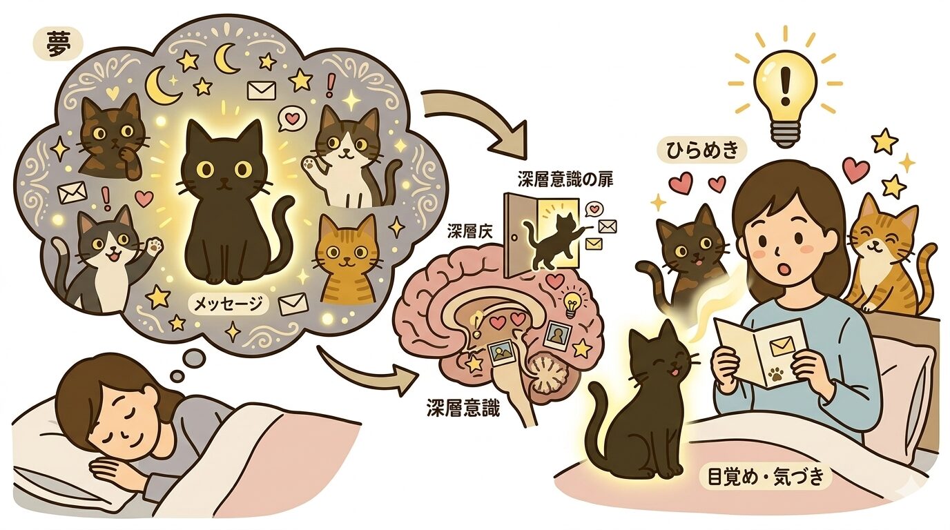 夢に黒猫が出てくることが深層意識からのメッセージであることの図解