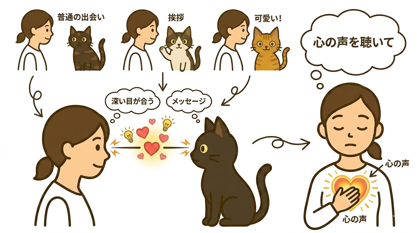 黒猫と目が合うことが心の声を聴いてというメッセージであることの図解