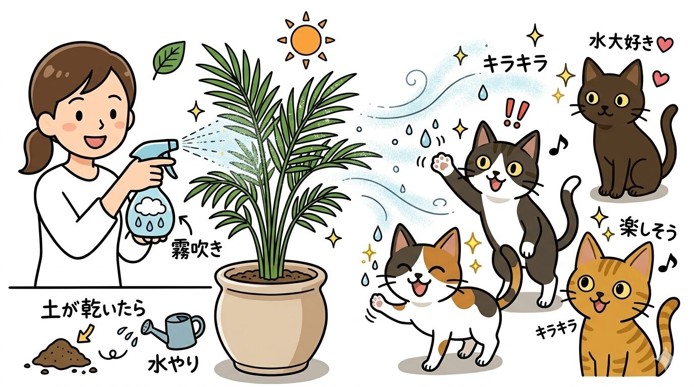 アレカヤシへの葉水に興味を示す猫のイラスト