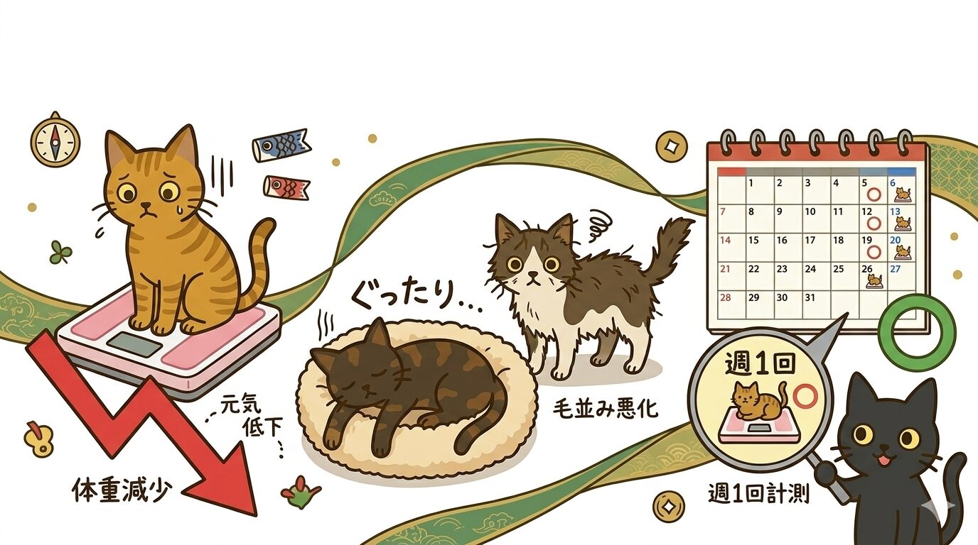 体重減少と元気低下のサインを示すイラスト