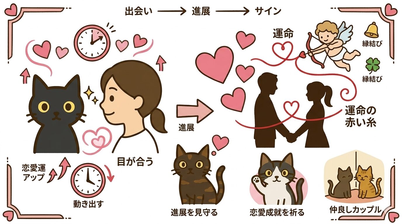 黒猫と目が合ったときに恋愛運が動き出すスピリチュアルサインの図解