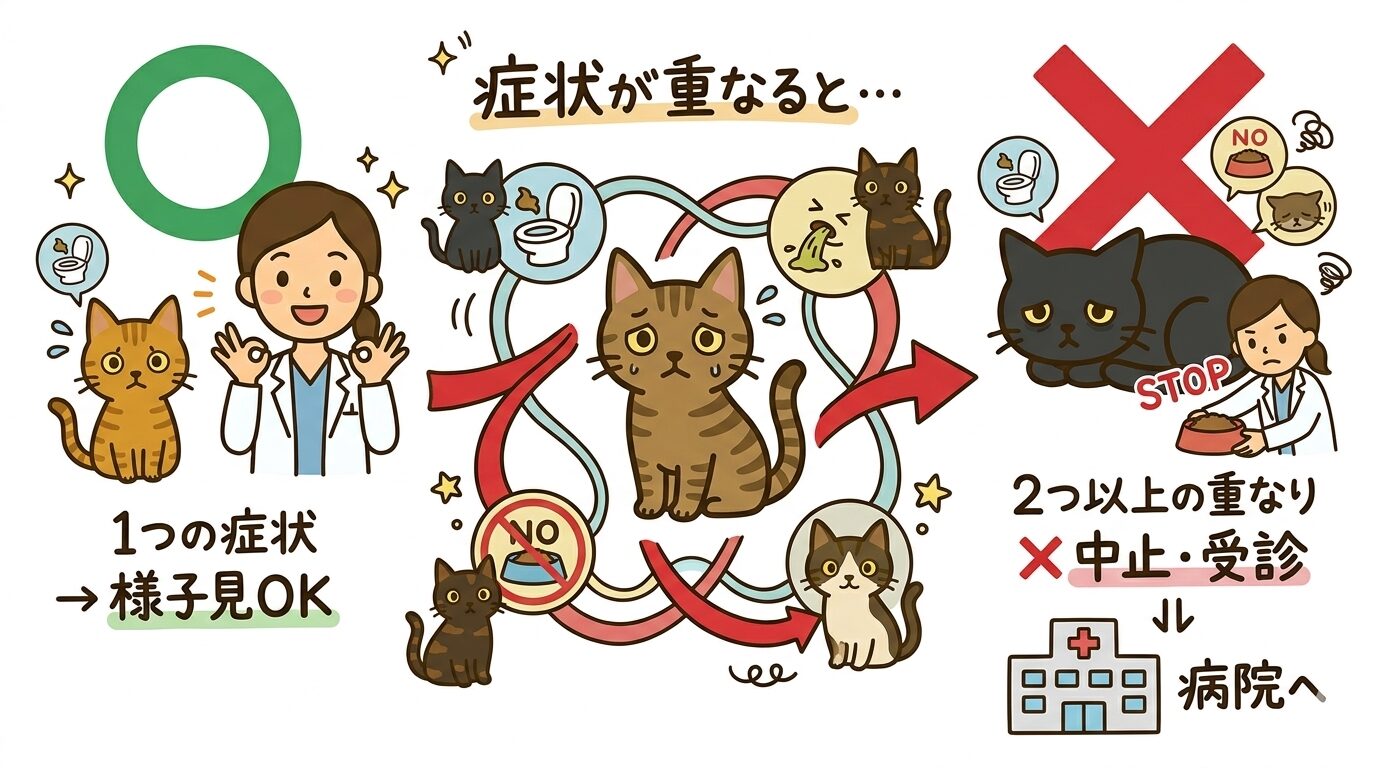 症状が複数重なったときの中止判断を示すイラスト
