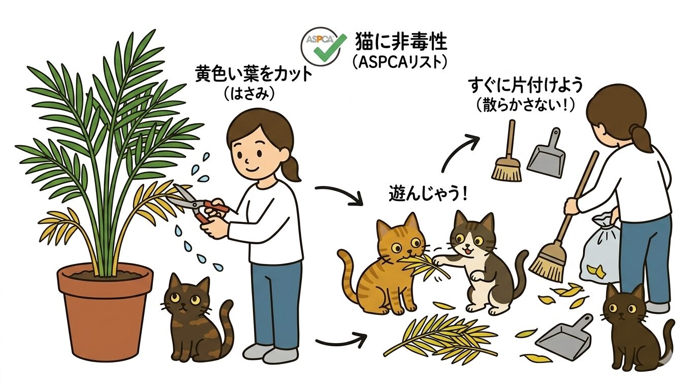 アレカヤシの剪定と猫のいたずら防止のイラスト