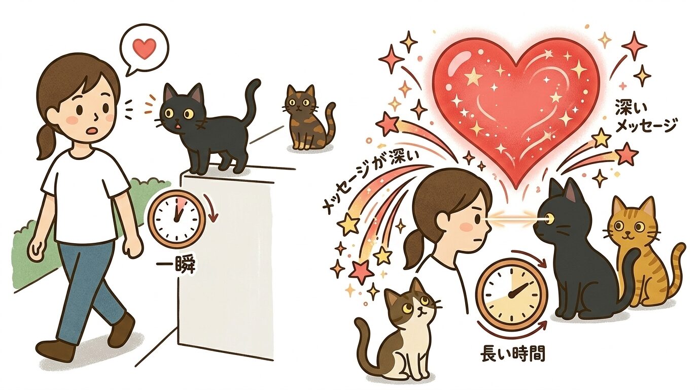 黒猫と見つめ合う時間が長いほどメッセージが深いことの図解