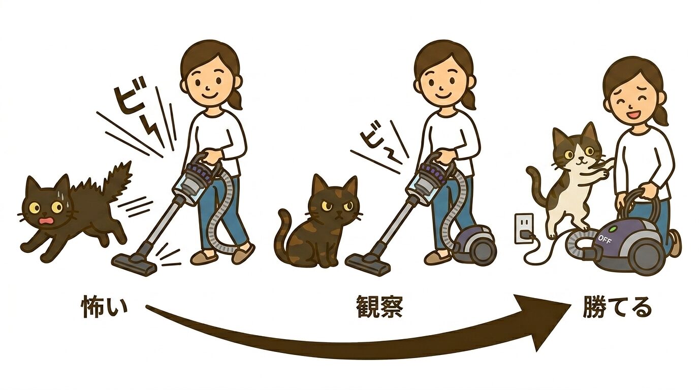 掃除機に最初は逃げていた猫が、やがて離れた場所から観察するようになり、最後に止まった掃除機をパンチする変化の図解
