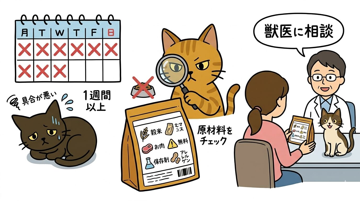 1週間以上改善しないときの原材料確認と受診を示すイラスト