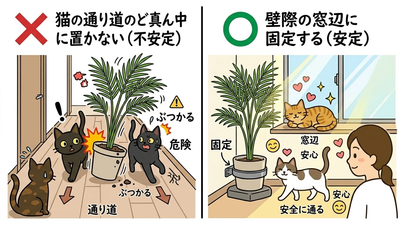 猫の動線を考慮したアレカヤシの置き場所の比較イラスト