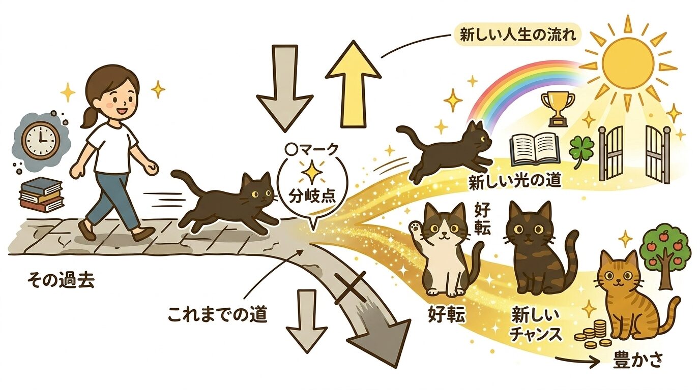 黒猫が横切ることが人生の流れが変わるサインであることの図解