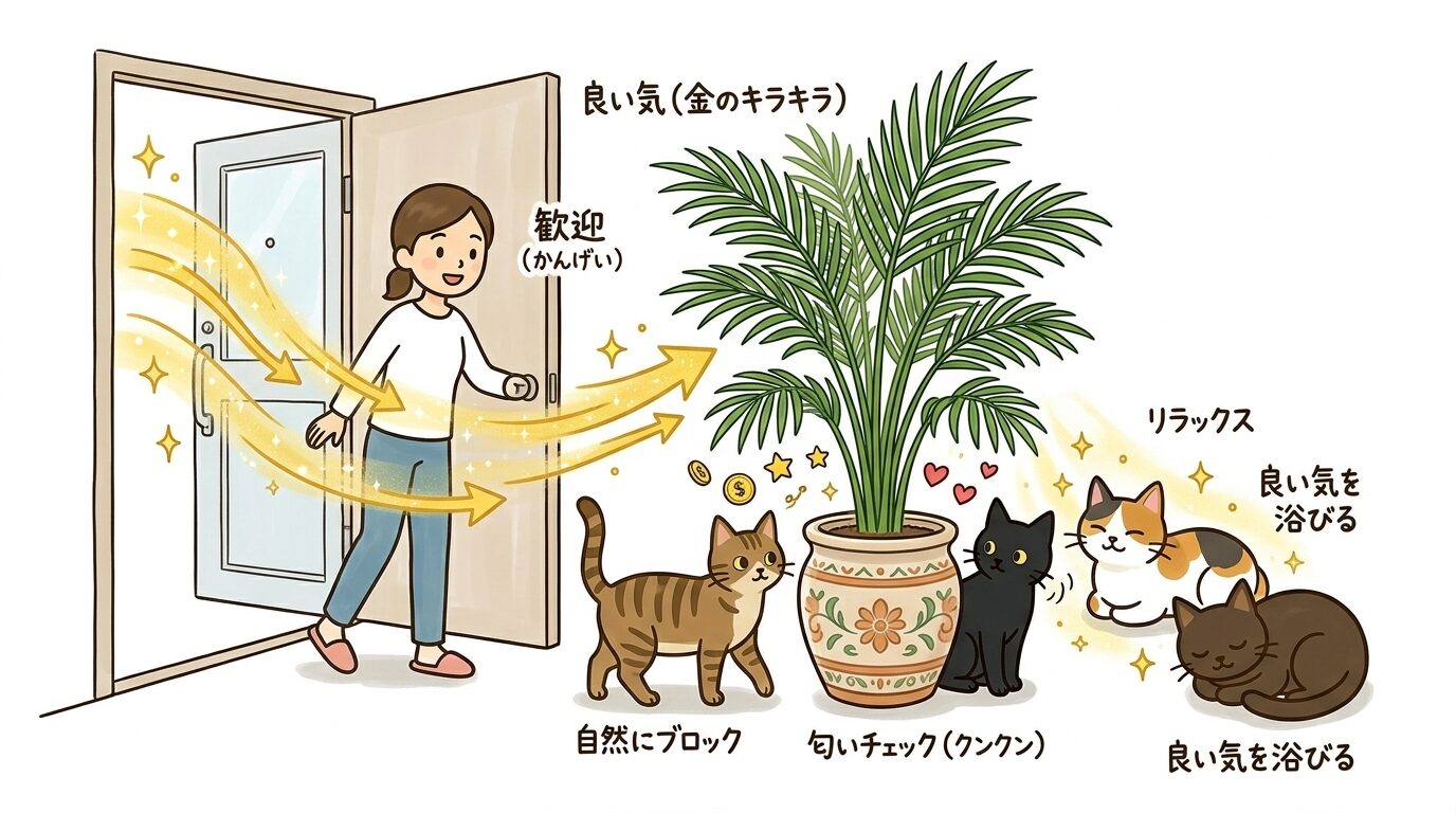 玄関のアレカヤシと風水効果・猫の動線を示すイラスト