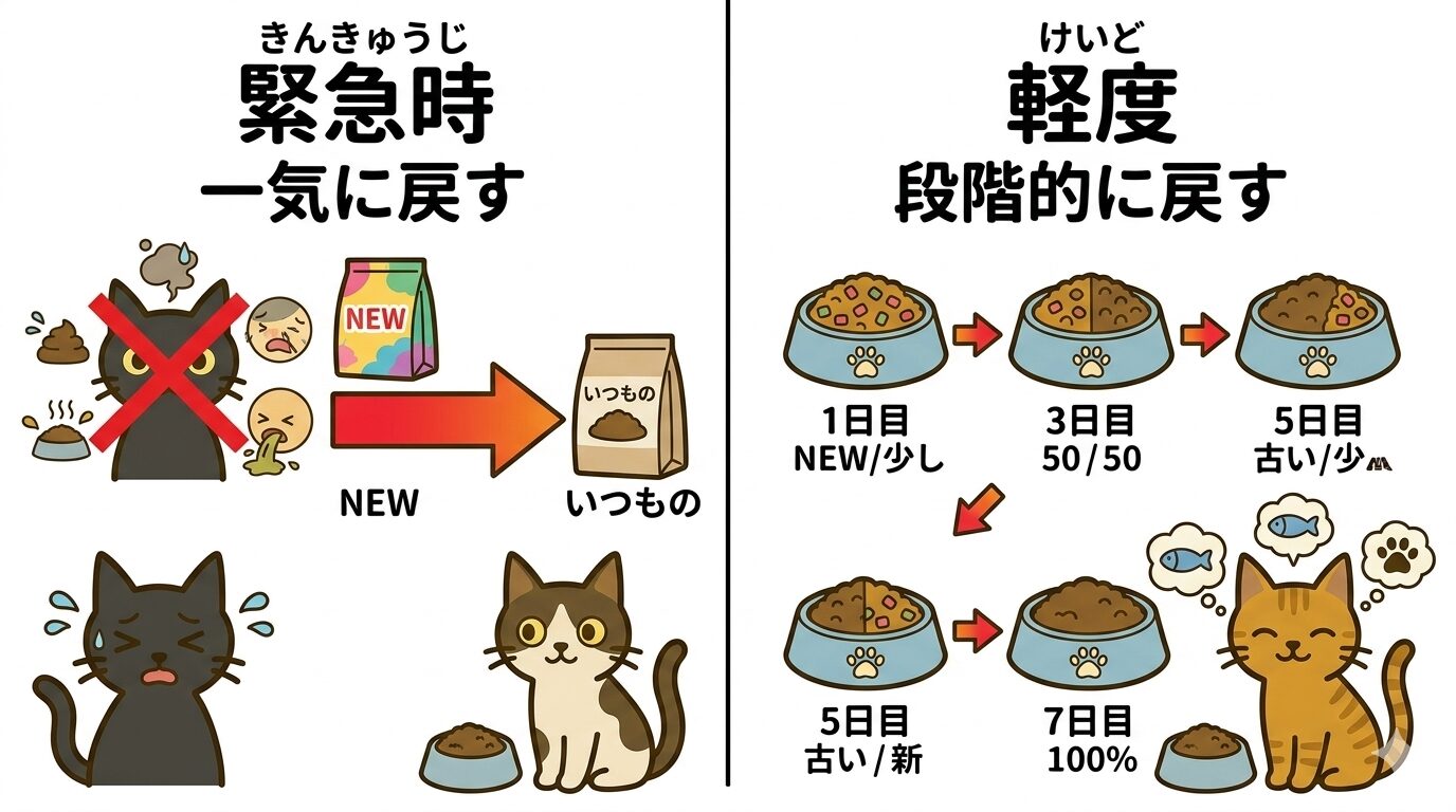 緊急時と軽度で異なる元フードへの戻し方を示すイラスト