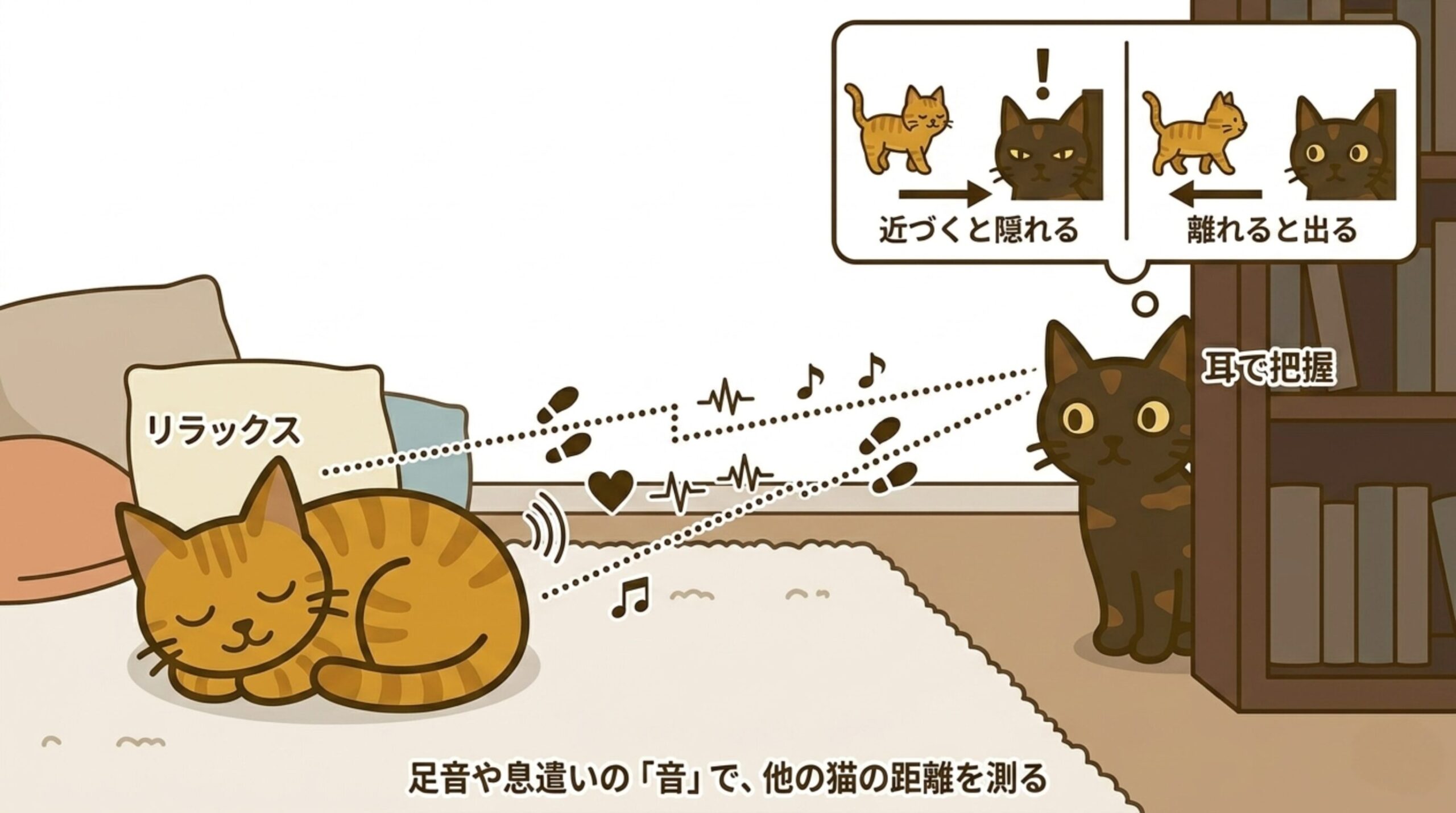 警戒心の強い猫が物陰からつなちゃんの位置を音で確認している様子の図解