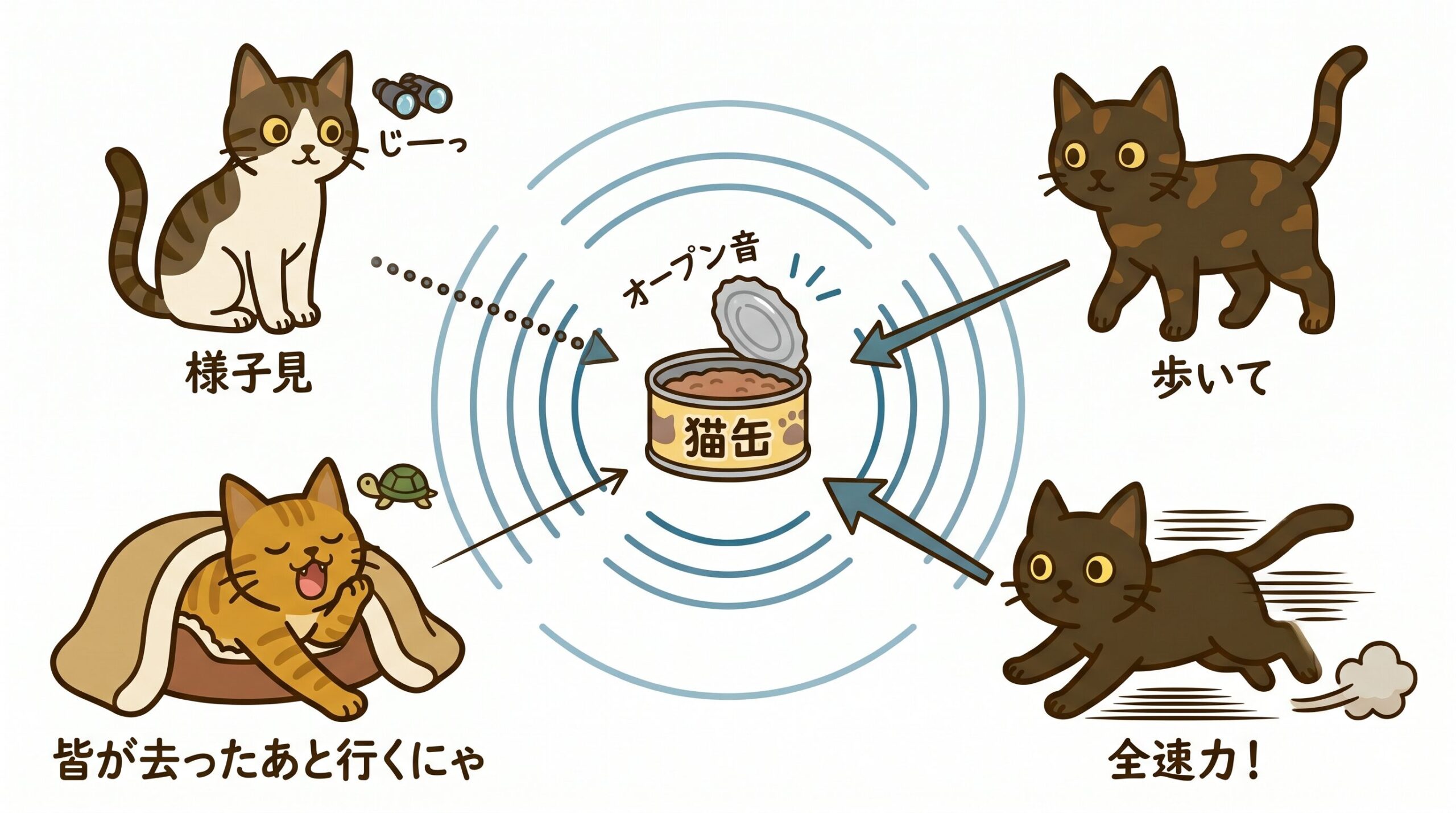 同じ缶詰の音に4匹の猫がそれぞれ違うタイミング・反応で集まってくる様子の図解