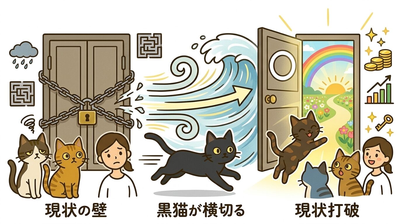 黒猫が左から右に横切ることが現状打破の追い風のサインであることの図解