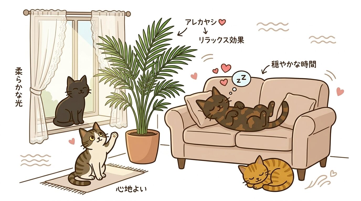 リビングのアレカヤシとくつろぐ猫のイラスト